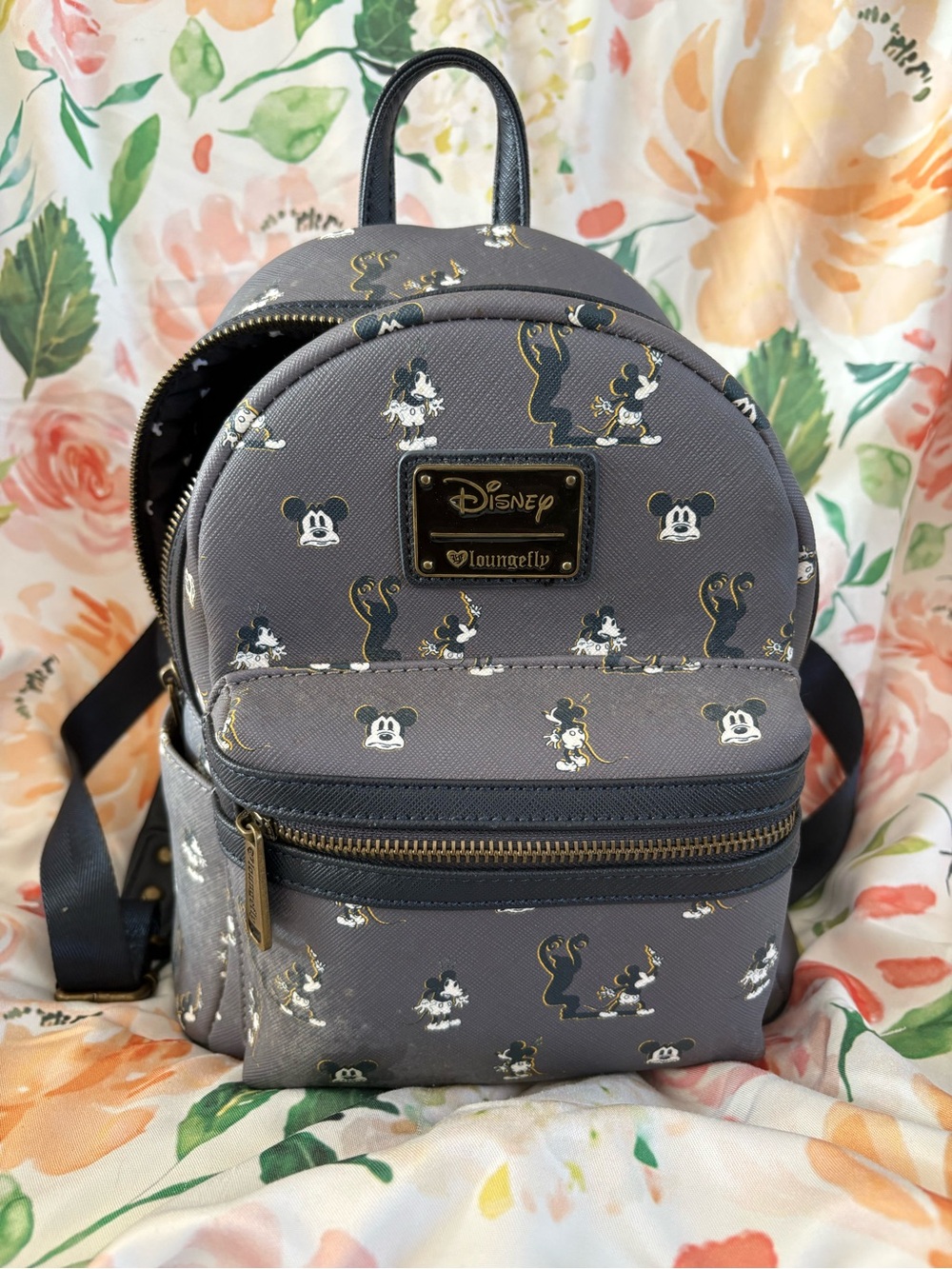 Loungefly Grey Mickey & Minnie Patterned Mini Backpack with Gold Accents